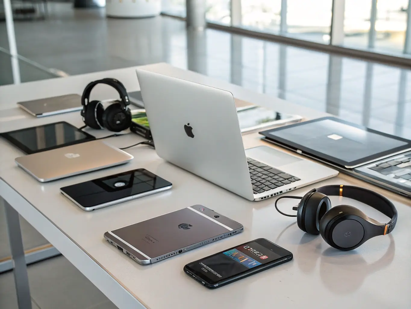 A high-quality image showcasing various electronic gadgets such as smartphones, headphones, and smartwatches, arranged neatly on a modern desk, symbolizing the electronics product category.