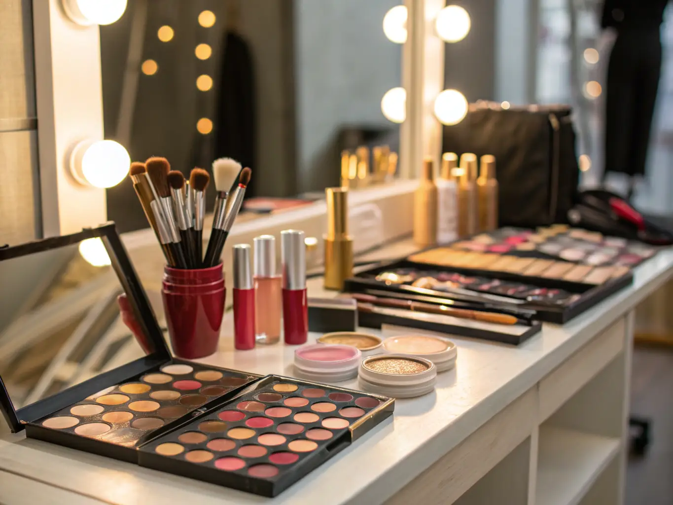 An attractive image featuring an assortment of beauty and personal care products, including skincare items, makeup, and grooming tools, displayed elegantly on a vanity table.