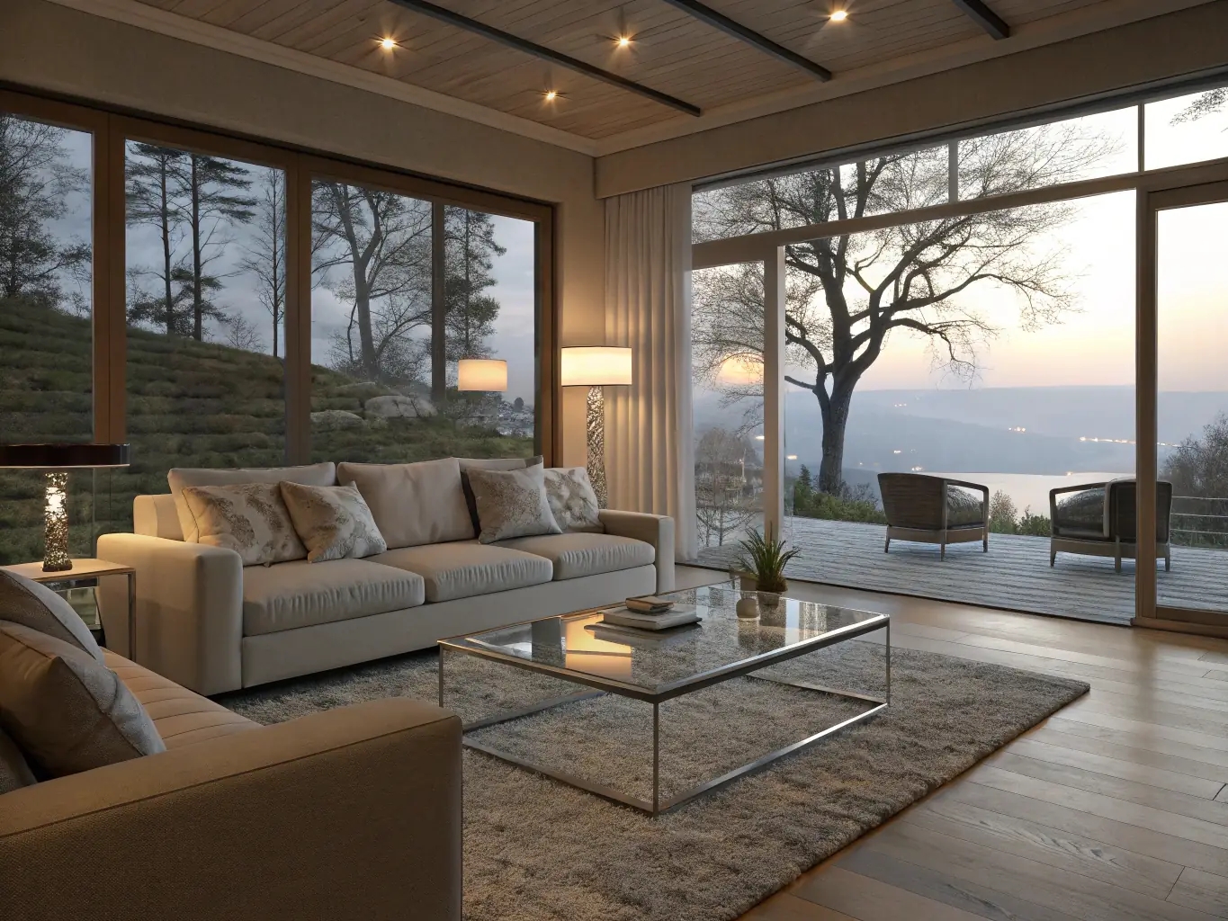 A cozy and inviting image of a living room setting with stylish furniture, decorative items, and ambient lighting, representing the home goods product category.